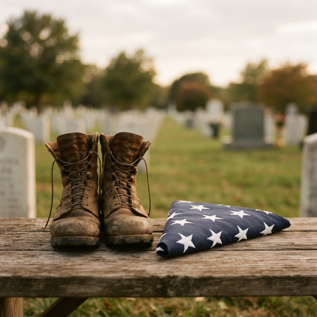A soldier's boots and folded flag